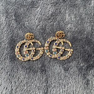 Gucci Gold Double G Crystal Drop Earrings - Multicolor Stones